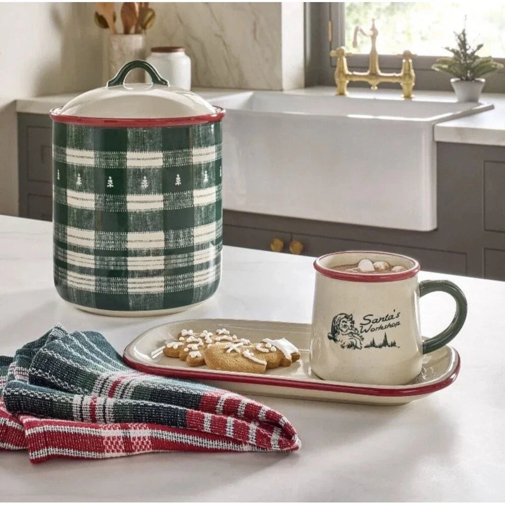 Hearth & Hand Farmhouse Stoneware Canister And Lid Trees Plaid NWT Lodge Cabin